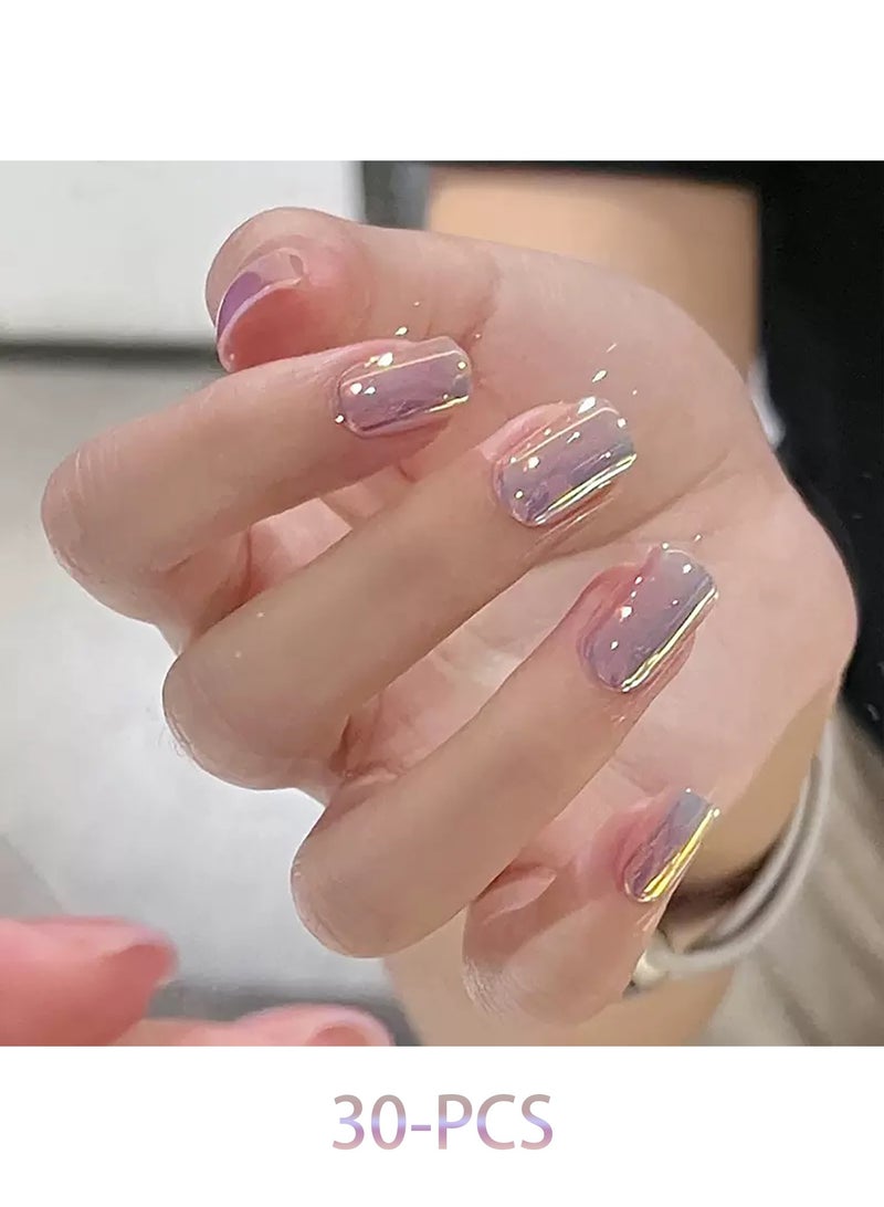 30 Pcs Press on Nails Short Length, Aurora Chrome Ombre Fake Nails with Jelly Glue Tabs, Reusable Iridescent Gradient False Nails, Glue-Free Stick on Manicure - Image 1